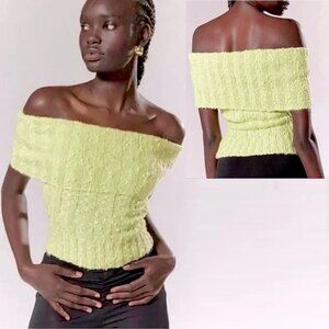 New Silence + Noise Starlet Off-The-Shoulder Knit Neon Green Top Size S